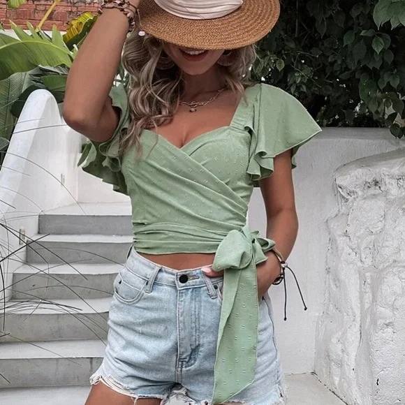 Boho sweetheart neck wrap tie side crop top - Picture 3 of 15